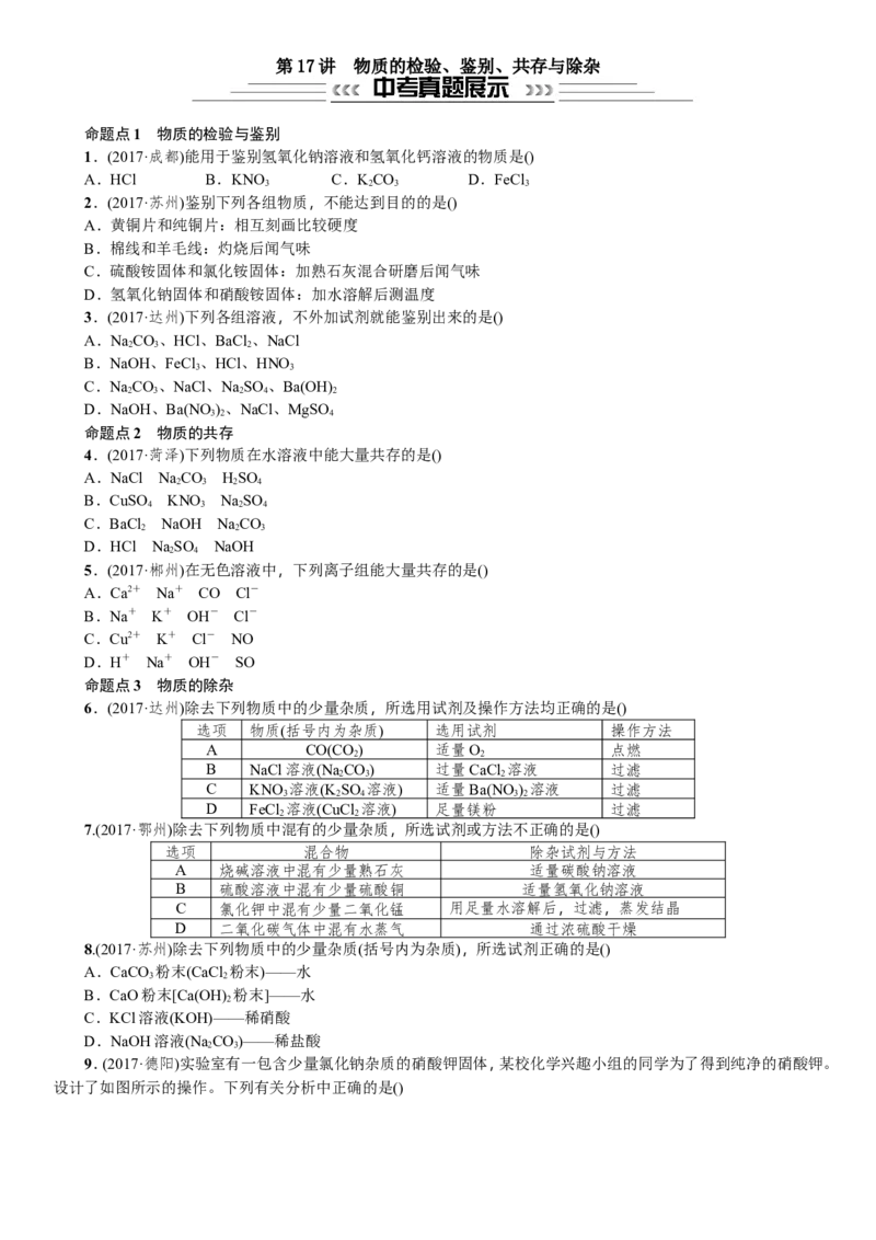 第17讲物质的检验、鉴别、共存与除杂_初中化学_01.人教版初中化学_07.初中化学中考总复习_2018年中考化学一轮复习课件+测试
