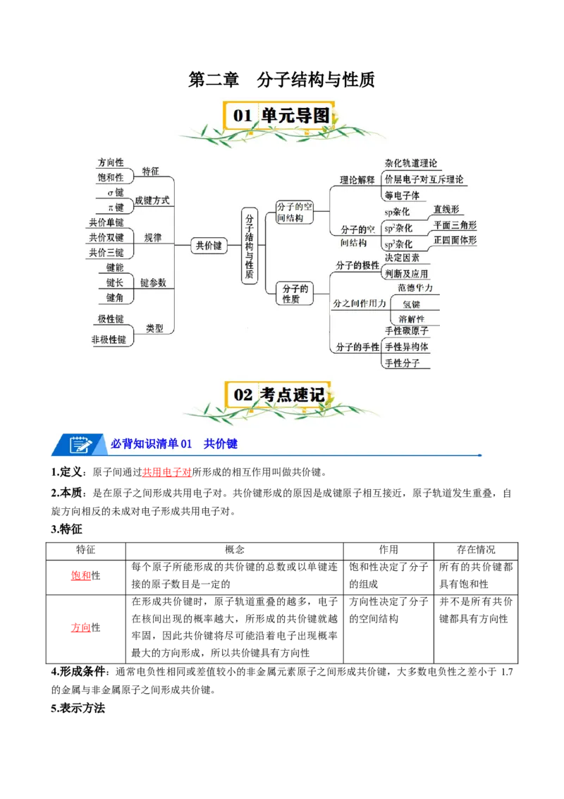 第二章分子结构与性质速记清单-（人教版2019选择性必修2）（教师版）_高化_595801221724高中化学新人教版选择性必修一二三电子版教案PPT课件高中试卷_选择性必修2册（人教版）