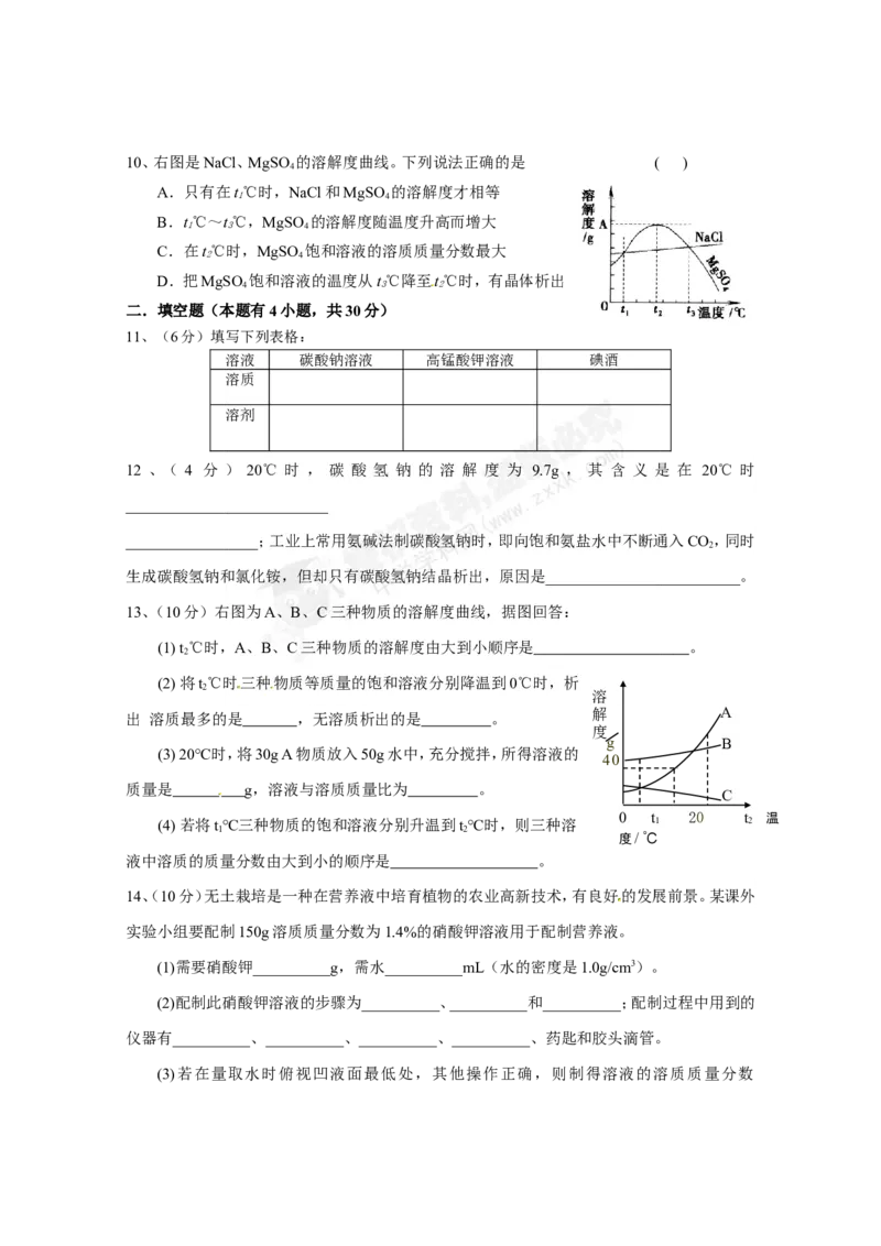 （人教版）九年级下册：第9单元溶液单元测试_初中化学_01.人教版初中化学_01.初中化学课件PPT--教案--试题_初中化学18年试卷_人教版九年级化学下册2018