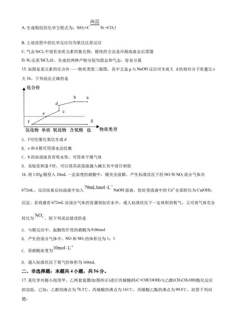 精品解析：广东省茂名高州市2020-2021学年高一下学期期末考试化学试题（原卷版）_高化_2025春-人教版高中化学_02新版高中化学必修二_5.试卷习题_期中期末真题