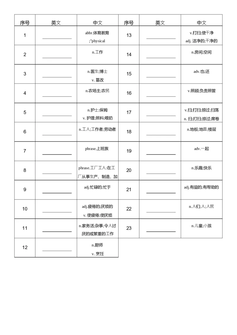 U1中译英_26春四年级上下册人教版_四上英语合集人教版PEP英语四年级上册新教材（教学视频+课件+动画+音频+练习+教案）_05单词背诵默写8套（word+pdf）_word版