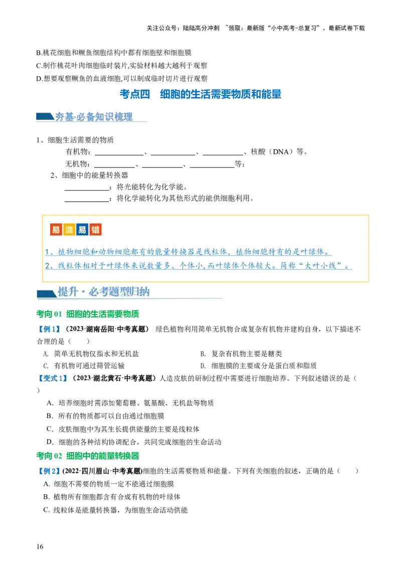 专题02细胞是生命活动的基本单位（讲义）（原卷版）_02中考总复习（2026版更新中）_08-生物-中考总复习_2024年中考复习资料_一轮复习_❤2024年中考生物一轮复习讲练测（全国通用）_讲义