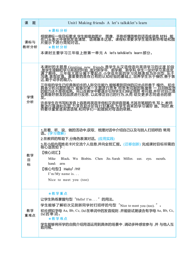 Unit1MakingfriendsPartAlet'stalk&let'slearn大单元整体教学设计_26春四年级上下册人教版_四上英语合集人教版PEP英语四年级上册新教材（教学视频+课件+动画+音频+练习+教案）_Unit1