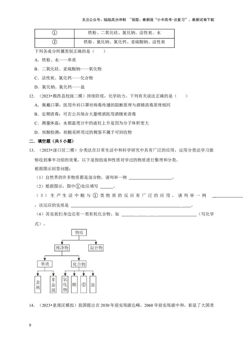 专题02物质的分类（原卷版）_02中考总复习（2026版更新中）_05-化学-中考总复习_2024年中考复习资料_专项复习资料_2024年中考化学复习考点一遍过（全国通用）