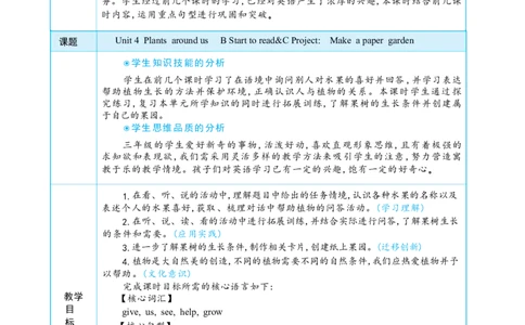 Unit4PlantsaroundusPartBStarttoread&CProjectMakeapapergarden大单元整体教学设计_26春四年级上下册人教版_19同步教案课件_人教pep3_小学英语PEP单独教案（3-6年级上下册）_3-6上册_Unit4