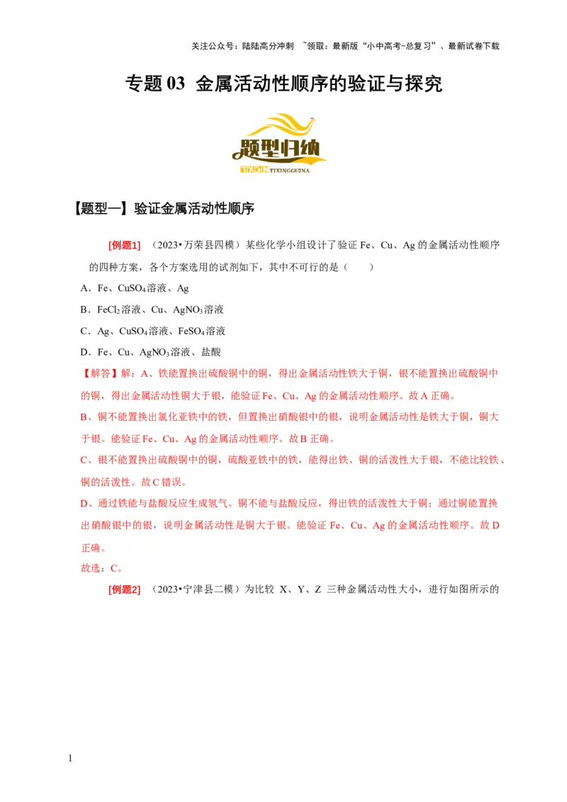 专题03金属活动性顺序的验证与探究（解析版）_02中考总复习（2026版更新中）_05-化学-中考总复习_2024年中考复习资料_二轮复习资料_2024年中考化学二轮专项复习核心考点讲解与必刷题型
