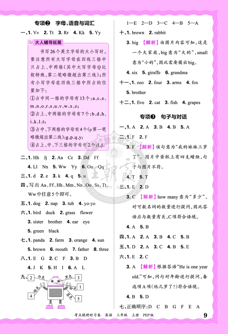 三年级英语上册人教PEP版24秋《王朝霞考点梳理时习卷》答案_26春四年级上下册人教版_四上英语合集人教版PEP英语四年级上册新教材（教学视频+课件+动画+音频+练习+教案）_17练习资料
