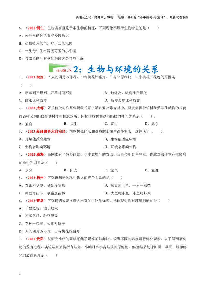 专题01&nbsp;生物与生物圈（原卷版）_02中考总复习（2026版更新中）_08-生物-中考总复习_2024年中考复习资料_专项复习_完三年（2021-2023）中考生物真题分项汇编（全国通用）