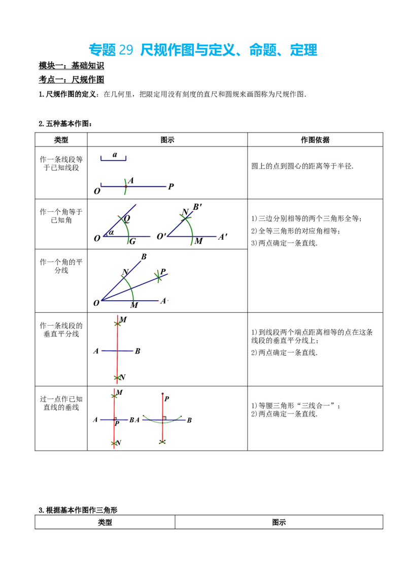 专题29尺规作图与定义、命题、定理（原卷版）_中考数学一轮复习word_原卷版