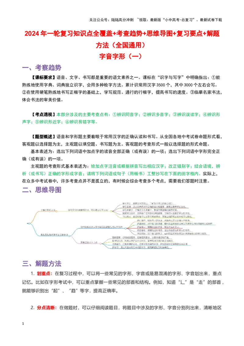 专题01字音字形-2024年中考语文一轮复习知识点全覆盖+考查趋势+思维导图+复习要点+解题方法_02中考总复习（2026版更新中）_01-语文-中考总复习_2024年中考资料_一轮复习