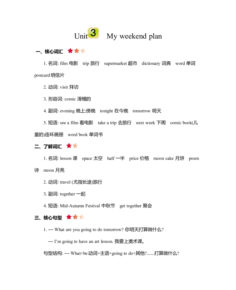 Unit3知识清单_26春四年级上下册人教版_四上英语合集人教版PEP英语四年级上册新教材（教学视频+课件+动画+音频+练习+教案）_19同步教案课件_人教pep3_3-6年级上册_Unit3Myweekendplan