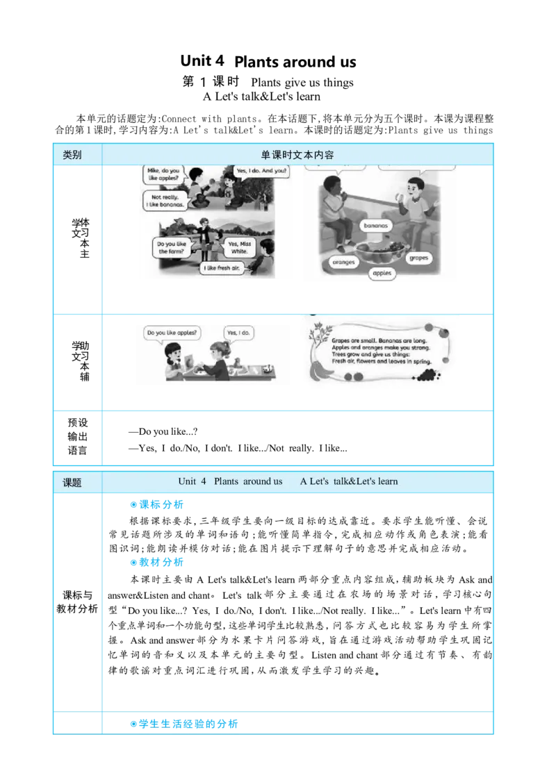 Unit4PlantsaroundusPartALet'stalk&Let'slearn大单元整体教学设计_26春四年级上下册人教版_四上英语合集人教版PEP英语四年级上册新教材（教学视频+课件+动画+音频+练习+教案）_Unit4