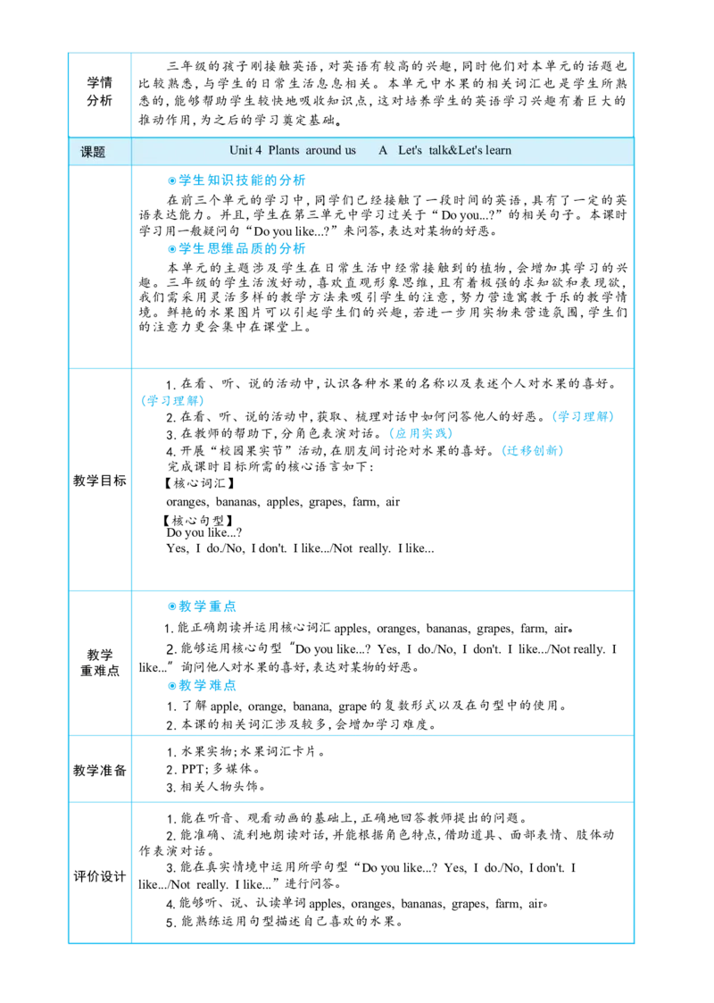 Unit4PlantsaroundusPartALet'stalk&Let'slearn大单元整体教学设计_26春四年级上下册人教版_四上英语合集人教版PEP英语四年级上册新教材（教学视频+课件+动画+音频+练习+教案）_Unit4