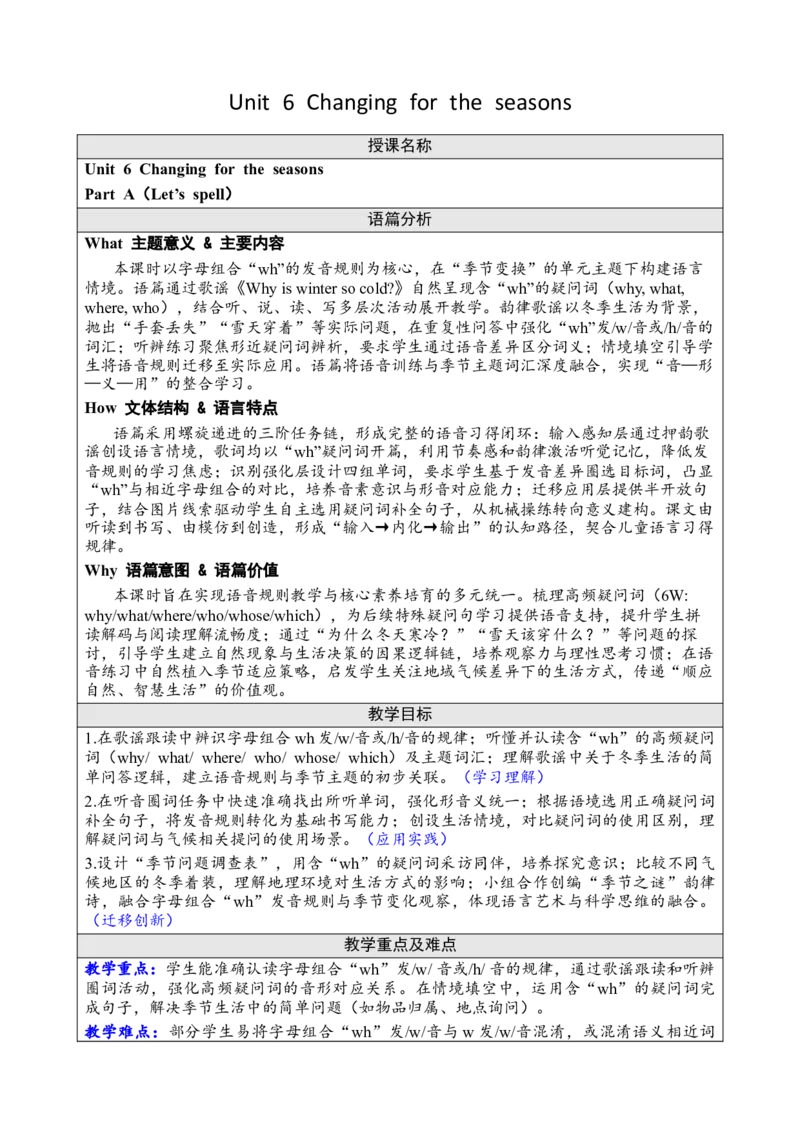 Unit6Changingfortheseasons教案_26春四年级上下册人教版_四上英语合集人教版PEP英语四年级上册新教材（教学视频+课件+动画+音频+练习+教案）_19同步教案课件_人教pep3_3-6上册