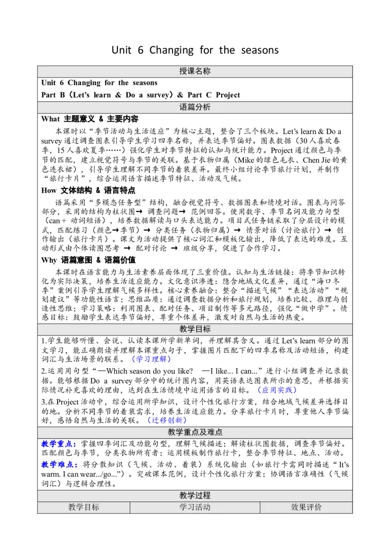 Unit6Changingfortheseasons教案_26春四年级上下册人教版_四上英语合集人教版PEP英语四年级上册新教材（教学视频+课件+动画+音频+练习+教案）_19同步教案课件_人教pep3_3-6上册