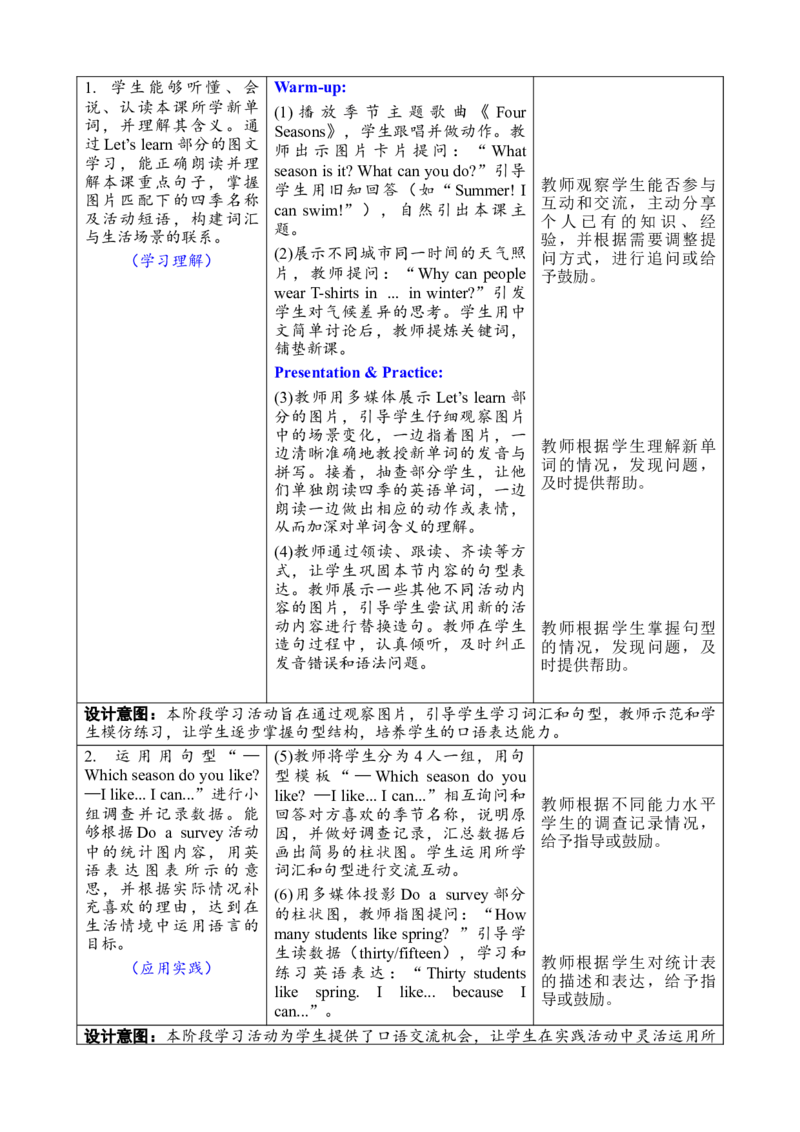 Unit6Changingfortheseasons教案_26春四年级上下册人教版_四上英语合集人教版PEP英语四年级上册新教材（教学视频+课件+动画+音频+练习+教案）_19同步教案课件_人教pep3_3-6上册