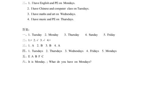 五上Unit2PartA第二课时_26春四年级上下册人教版_四上英语合集人教版PEP英语四年级上册新教材（教学视频+课件+动画+音频+练习+教案）_19同步教案课件_人教pep3_3-6年级上册_Unit2Myweek
