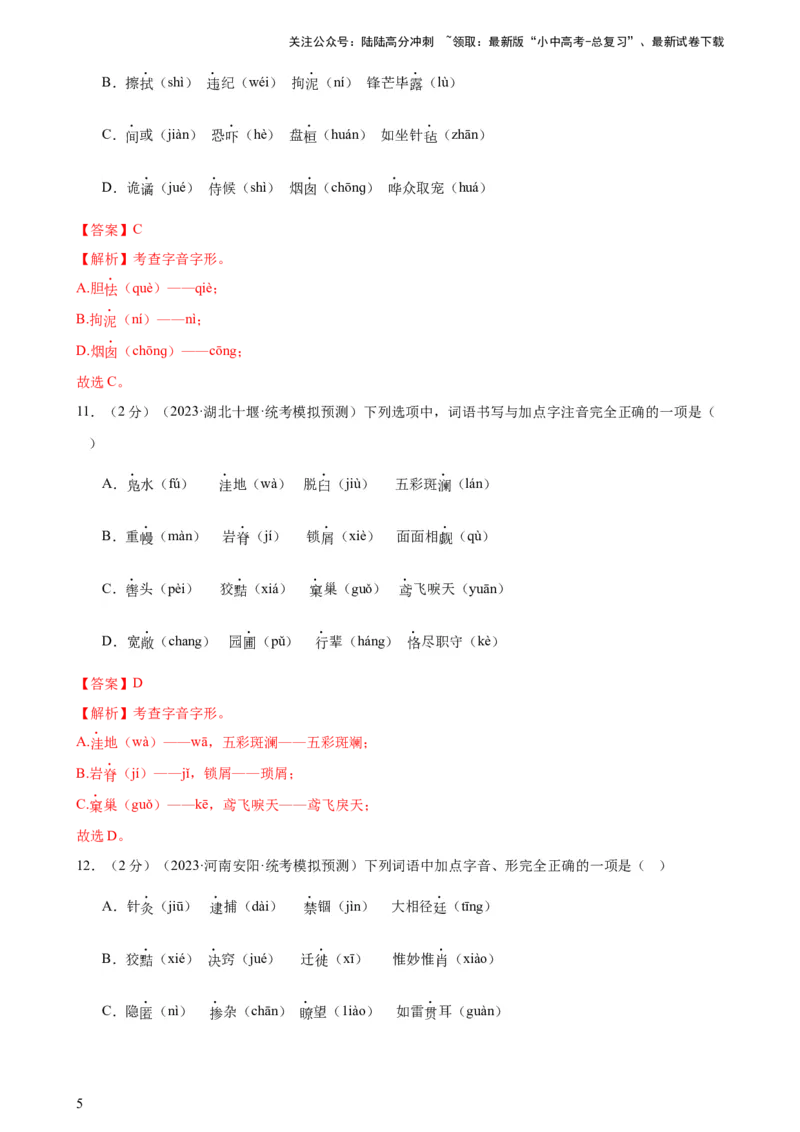 专题01字音字形（三大题型）（测试）-2024年中考语文二轮复习讲练测（全国通用）（解析版）_02中考总复习（2026版更新中）_01-语文-中考总复习_2024年中考资料_二轮复习_讲义