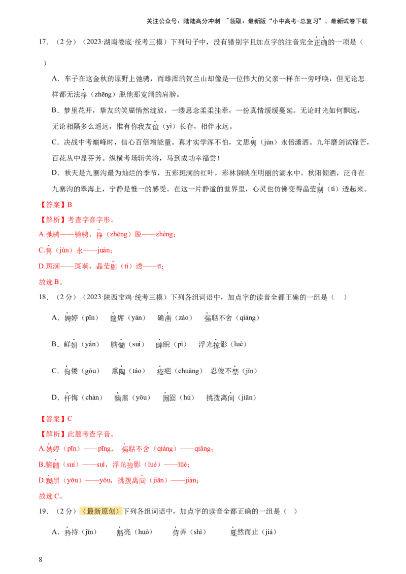 专题01字音字形（三大题型）（测试）-2024年中考语文二轮复习讲练测（全国通用）（解析版）_02中考总复习（2026版更新中）_01-语文-中考总复习_2024年中考资料_二轮复习_讲义