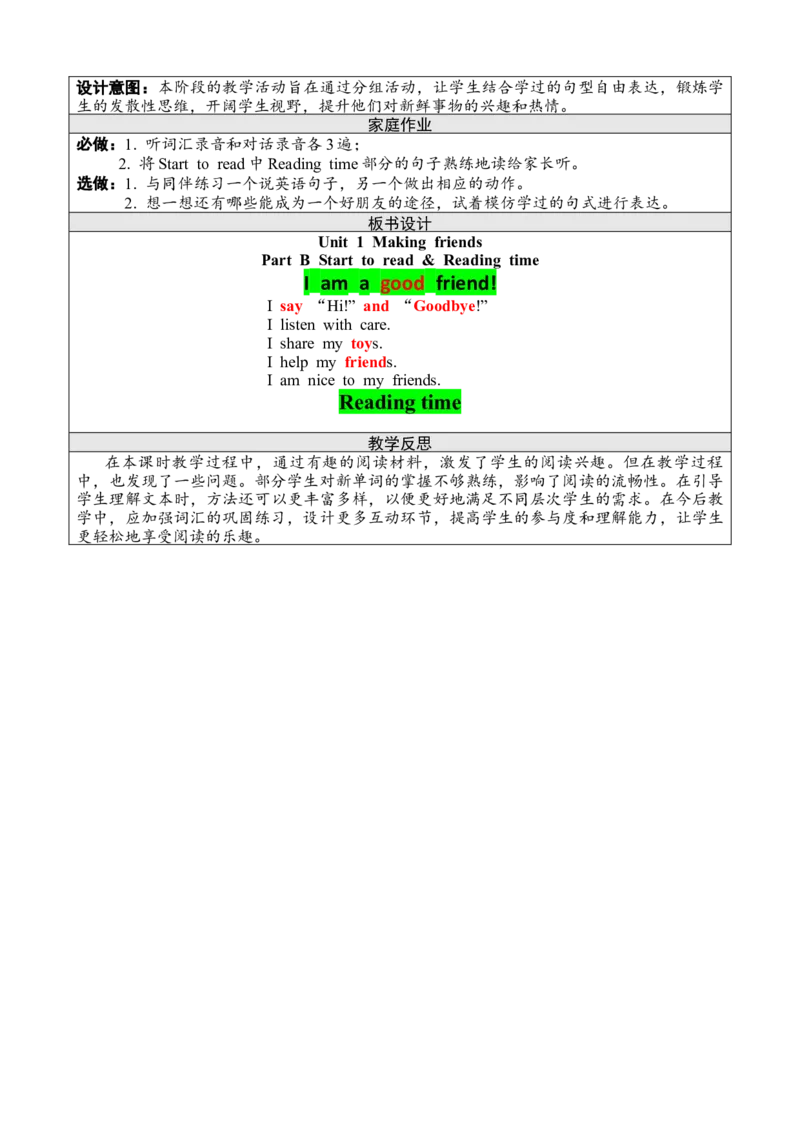 Unit1第六课时PartB(Starttoread&Readingtime)_26春四年级上下册人教版_四上英语合集人教版PEP英语四年级上册新教材（教学视频+课件+动画+音频+练习+教案）_19同步教案课件_人教pep3