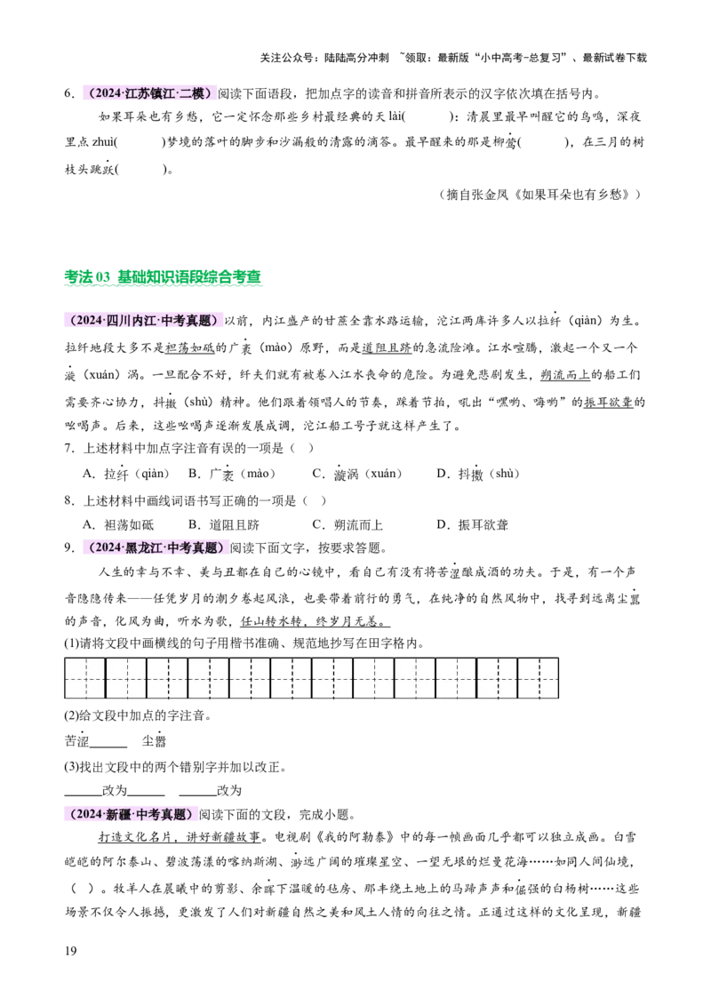 专题01汉字（字音、字形）（讲练）（原卷版）_02中考总复习（2026版更新中）_01-语文-中考总复习_2025年中考资料_2025中考二轮课件ppt+讲义+练习语文_讲义练习