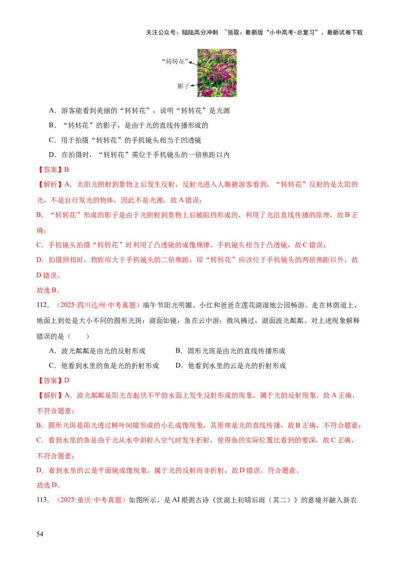 专题03光现象（二）（全国通用）（解析版）_02中考总复习（2026版更新中）_04-物理-中考总复习_2026年中考复习（更新中）_好题汇编三年（2023-2025）中考物理真题分类汇编（全国通用）