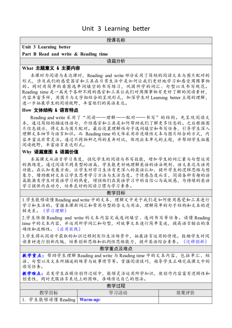 Unit3Learningbetter教案_26春四年级上下册人教版_四上英语合集人教版PEP英语四年级上册新教材（教学视频+课件+动画+音频+练习+教案）_19同步教案课件_人教pep3_3-6下册_3年级下册（25春）
