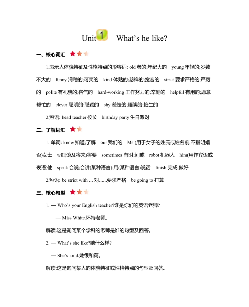 Unit1知识清单_26春四年级上下册人教版_四上英语合集人教版PEP英语四年级上册新教材（教学视频+课件+动画+音频+练习+教案）_19同步教案课件_人教pep3_3-6年级上册_Unit1What'shelike