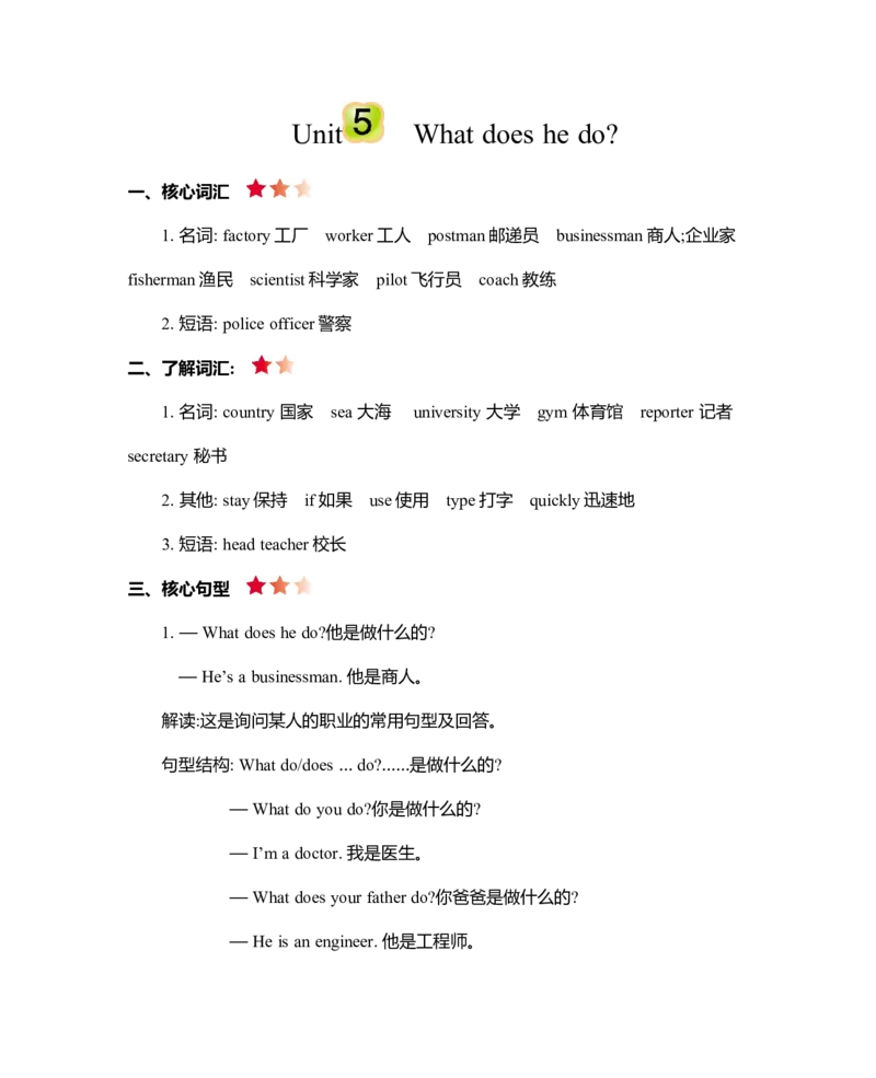 Unit5知识清单_26春四年级上下册人教版_四上英语合集人教版PEP英语四年级上册新教材（教学视频+课件+动画+音频+练习+教案）_19同步教案课件_人教pep3_3-6年级上册_Unit5Whatdoeshedo