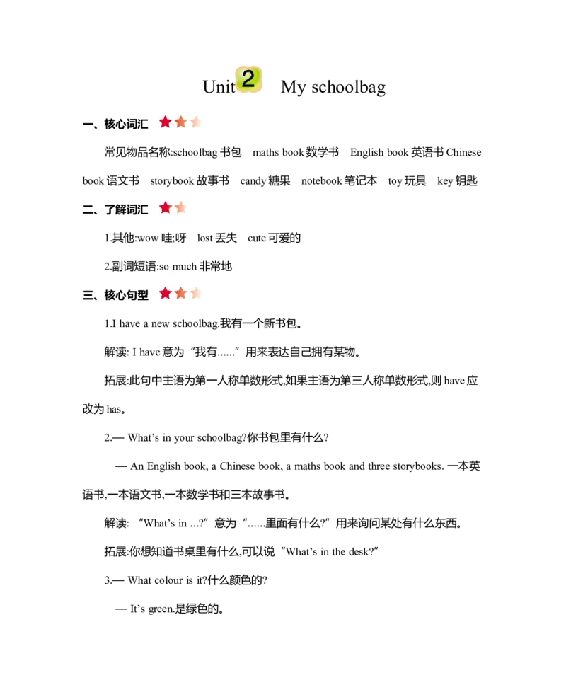 Unit2知识清单_26春四年级上下册人教版_四上英语合集人教版PEP英语四年级上册新教材（教学视频+课件+动画+音频+练习+教案）_19同步教案课件_人教pep3_3-6年级上册_Unit2Myschoolbag