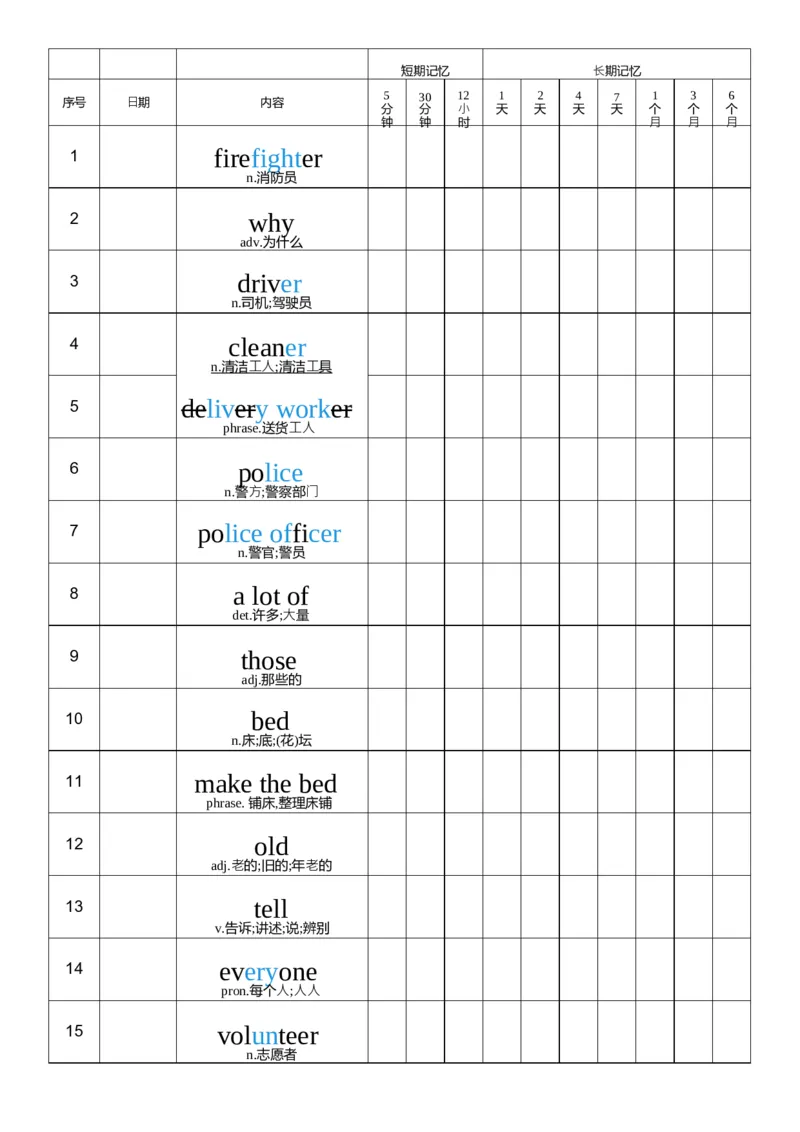 U4艾宾浩斯记忆表_26春四年级上下册人教版_四上英语合集人教版PEP英语四年级上册新教材（教学视频+课件+动画+音频+练习+教案）_05单词背诵默写8套（word+pdf）_word版
