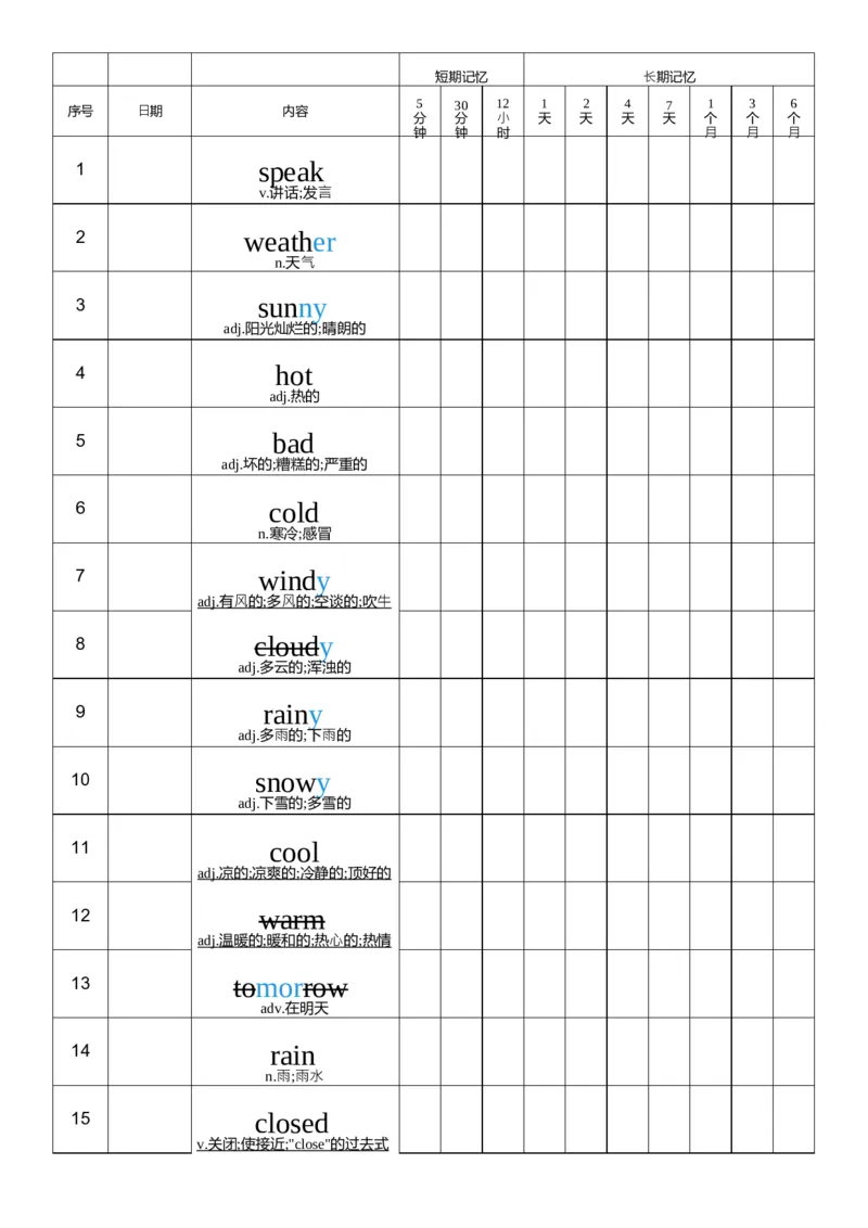 U5艾宾浩斯记忆表_26春四年级上下册人教版_四上英语合集人教版PEP英语四年级上册新教材（教学视频+课件+动画+音频+练习+教案）_05单词背诵默写8套（word+pdf）_word版