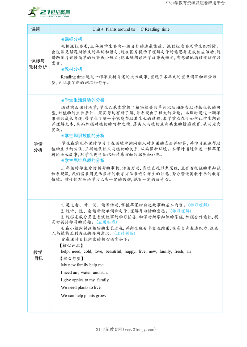 Unit4PlantsaroundusPartCReadingtime大单元整体教学设计_26春四年级上下册人教版_四上英语合集人教版PEP英语四年级上册新教材（教学视频+课件+动画+音频+练习+教案）_19同步教案课件