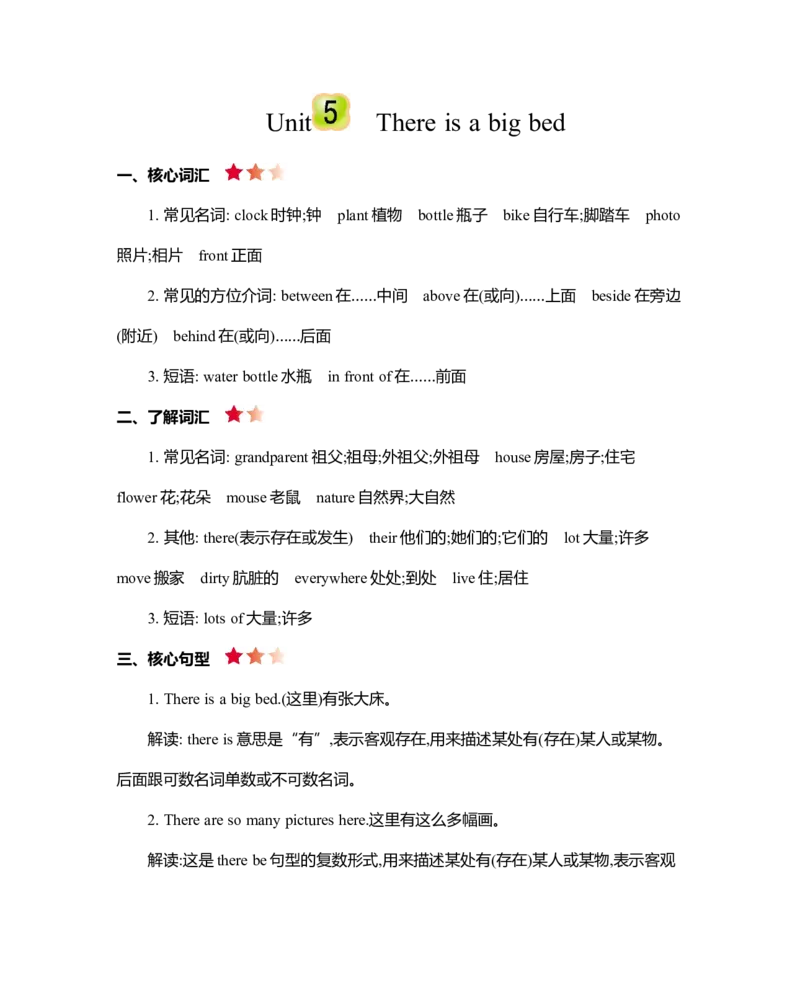 Unit5知识清单_26春四年级上下册人教版_四上英语合集人教版PEP英语四年级上册新教材（教学视频+课件+动画+音频+练习+教案）_19同步教案课件_人教pep3_3-6年级上册_Unit5Thereisabigbed