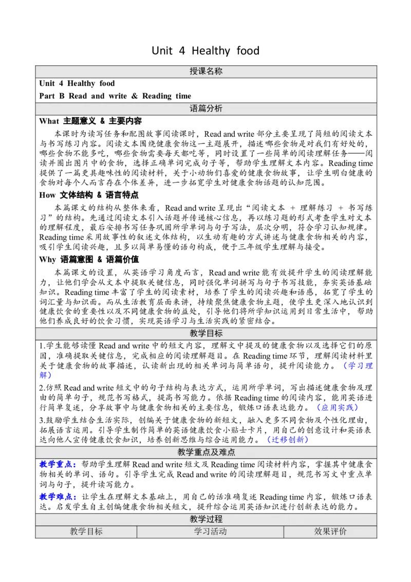 Unit4Healthyfood教案_26春四年级上下册人教版_四上英语合集人教版PEP英语四年级上册新教材（教学视频+课件+动画+音频+练习+教案）_19同步教案课件_人教pep3_3-6下册_3年级下册（25春）
