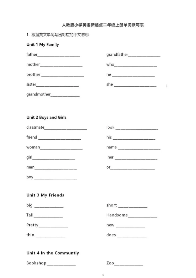 人教新起点二上单词默写表_26春四年级上下册人教版_四上英语合集人教版PEP英语四年级上册新教材（教学视频+课件+动画+音频+练习+教案）_17练习资料_小学英语（预习复习资料大礼包）