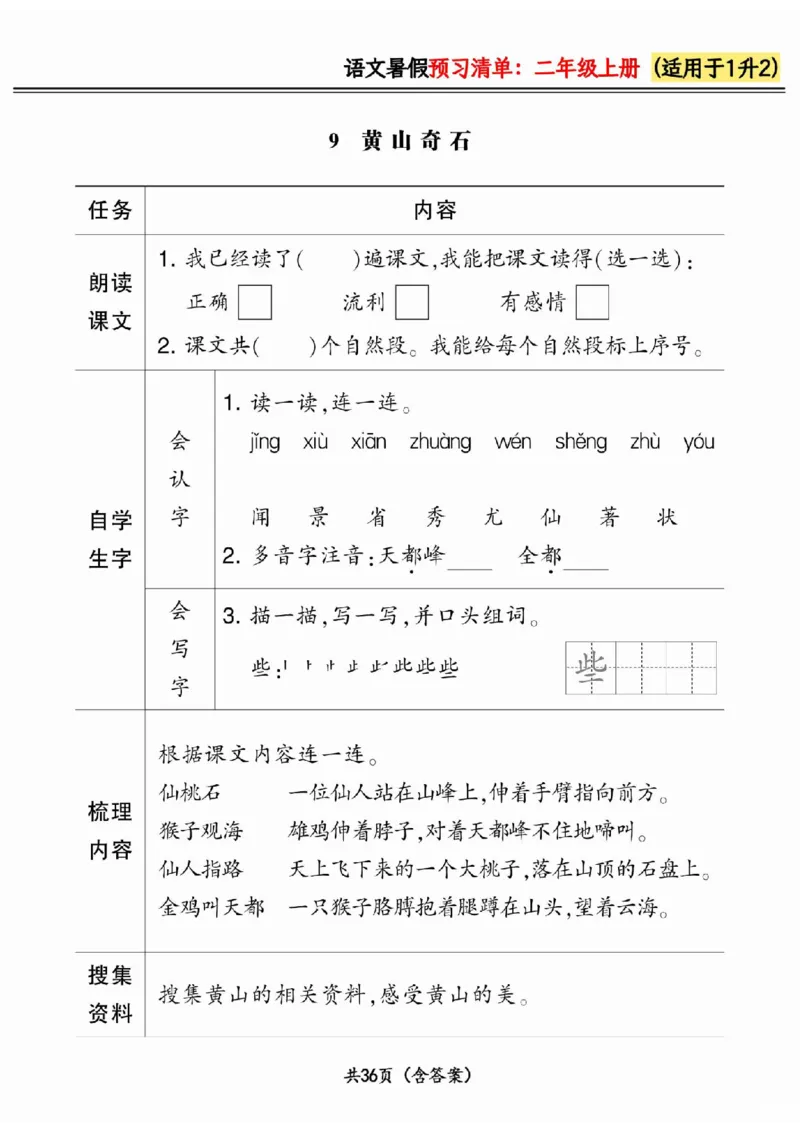 一升二小学语文《暑假预习清单》最新版_26春四年级上下册人教版_四上英语合集人教版PEP英语四年级上册新教材（教学视频+课件+动画+音频+练习+教案）_17练习资料_《预习卡》_1-6上册