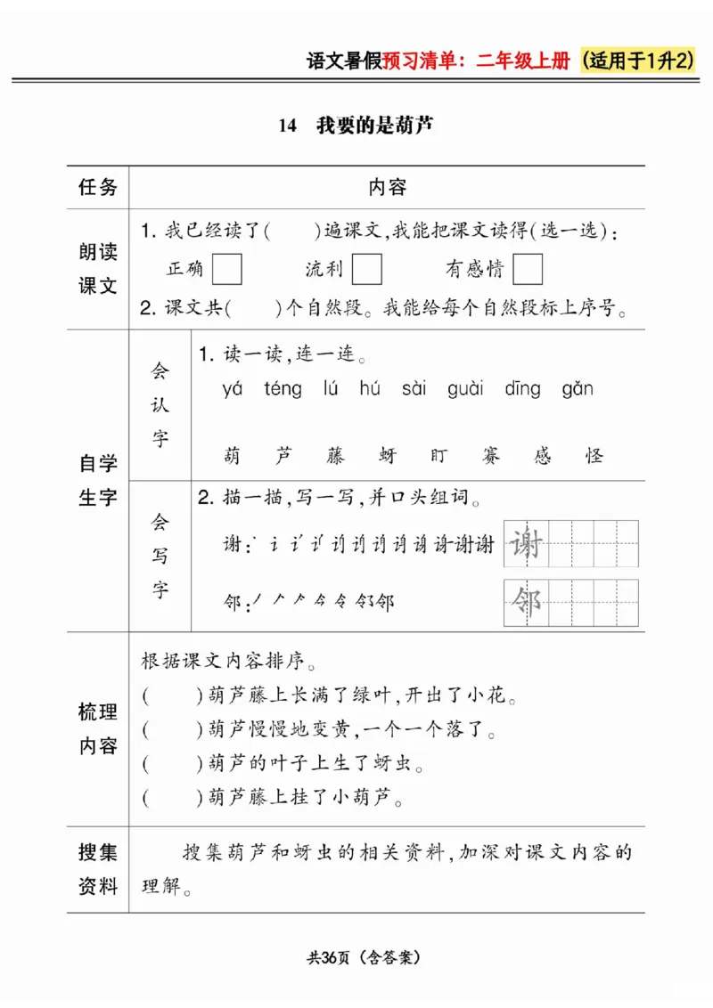 一升二小学语文《暑假预习清单》最新版_26春四年级上下册人教版_四上英语合集人教版PEP英语四年级上册新教材（教学视频+课件+动画+音频+练习+教案）_17练习资料_《预习卡》_1-6上册