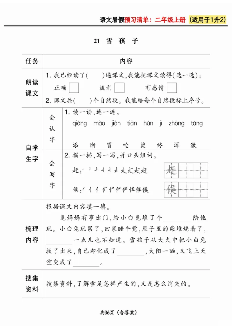 一升二小学语文《暑假预习清单》最新版_26春四年级上下册人教版_四上英语合集人教版PEP英语四年级上册新教材（教学视频+课件+动画+音频+练习+教案）_17练习资料_《预习卡》_1-6上册