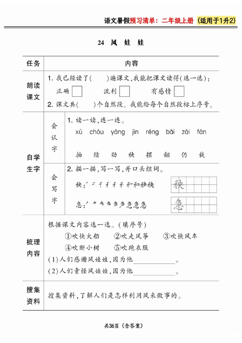 一升二小学语文《暑假预习清单》最新版_26春四年级上下册人教版_四上英语合集人教版PEP英语四年级上册新教材（教学视频+课件+动画+音频+练习+教案）_17练习资料_《预习卡》_1-6上册