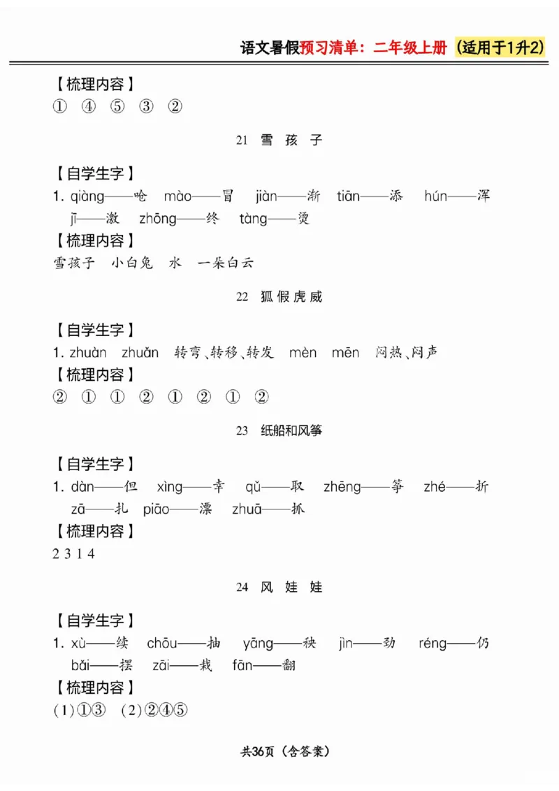 一升二小学语文《暑假预习清单》最新版_26春四年级上下册人教版_四上英语合集人教版PEP英语四年级上册新教材（教学视频+课件+动画+音频+练习+教案）_17练习资料_《预习卡》_1-6上册