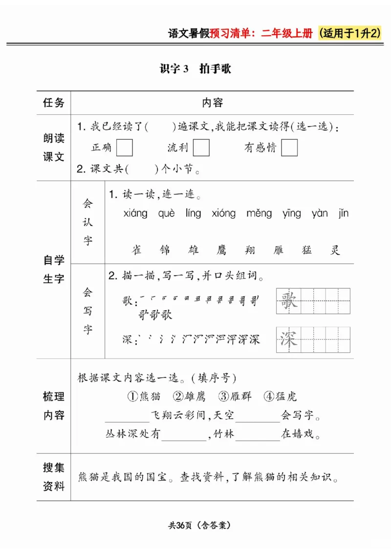 一升二小学语文《暑假预习清单》最新版_26春四年级上下册人教版_四上英语合集人教版PEP英语四年级上册新教材（教学视频+课件+动画+音频+练习+教案）_17练习资料_《预习卡》_1-6上册