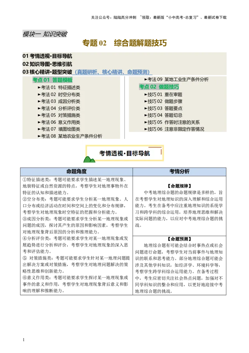 专题02综合题解题技巧（讲练）（原卷版）_02中考总复习（2026版更新中）_09-地理-中考总复习_2025中考地理复习资料_2025中考二轮课件ppt+讲义+练习地理_讲义+练习