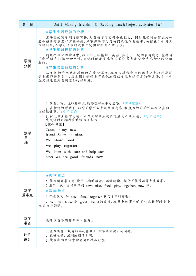 Unit1MakingfriendsPartCReadingtime&Projectactivities3&4大单元整体教学设计_26春四年级上下册人教版_四上英语合集人教版PEP英语四年级上册新教材（教学视频+课件+动画+音频+练习+教案）
