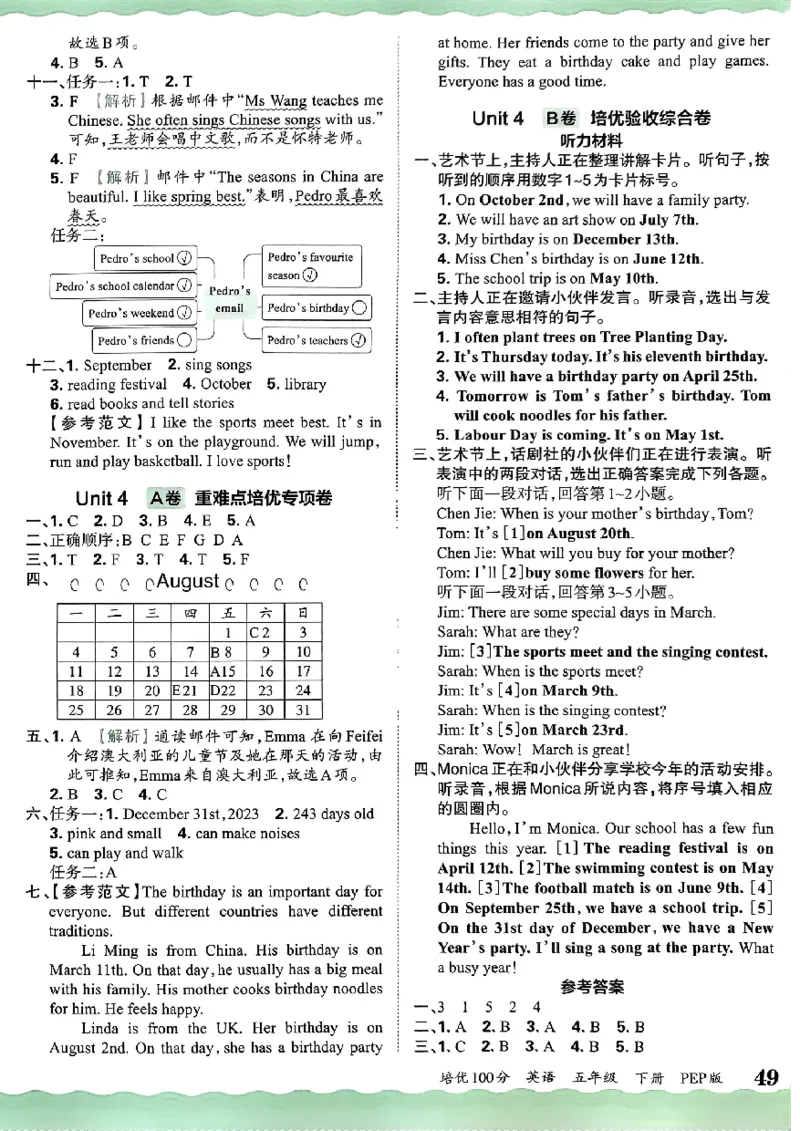 五年级英语下册人教PEP版《王朝霞培优100分》答案_26春四年级上下册人教版_四上英语合集人教版PEP英语四年级上册新教材（教学视频+课件+动画+音频+练习+教案）_17练习资料