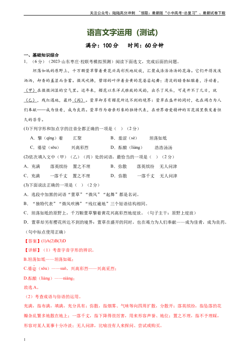 ❤语言文字运用（测试）-2024年中考语文一轮复习讲练测（全国通用）（解析版）_02中考总复习（2026版更新中）_01-语文-中考总复习_2024年中考资料_一轮复习_2024一轮复习课件+讲义+练习