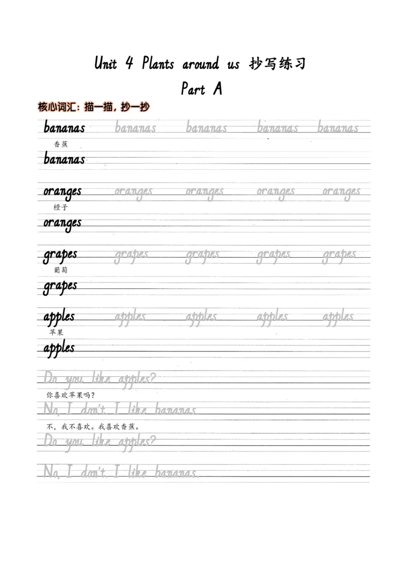 Unit4Plantsaroundus抄写练习_26春四年级上下册人教版_四上英语合集人教版PEP英语四年级上册新教材（教学视频+课件+动画+音频+练习+教案）_17练习资料_小学英语（预习复习资料大礼包）