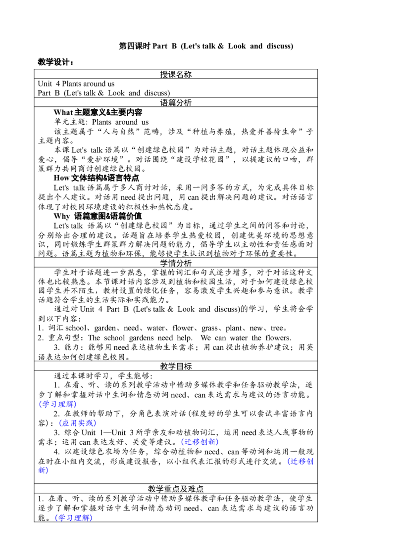 Unit4第四课时PartBLet'stalk&Lookanddiscuss_26春四年级上下册人教版_四上英语合集人教版PEP英语四年级上册新教材（教学视频+课件+动画+音频+练习+教案）_19同步教案课件_人教pep3