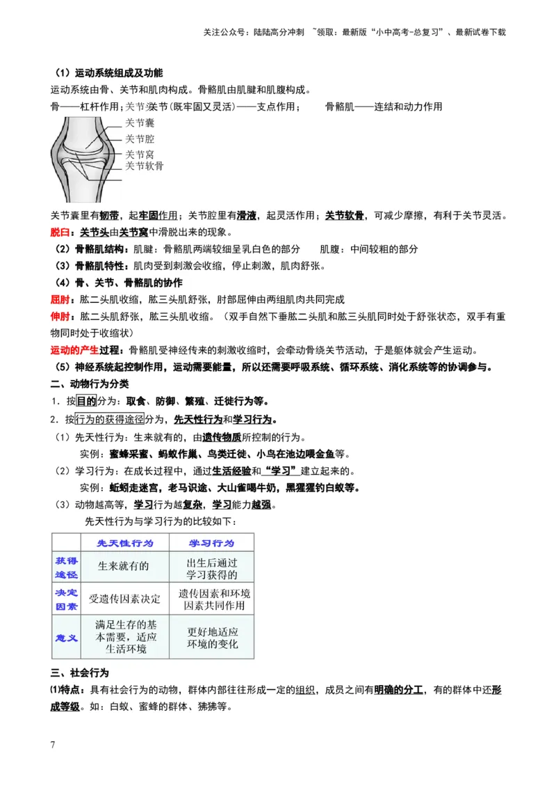 专题03动物的运动和行为、动物在生物圈中的作用（原卷版）_02中考总复习（2026版更新中）_08-生物-中考总复习_2024年中考复习资料_专项复习_备战2024年中考生物真题题源解密