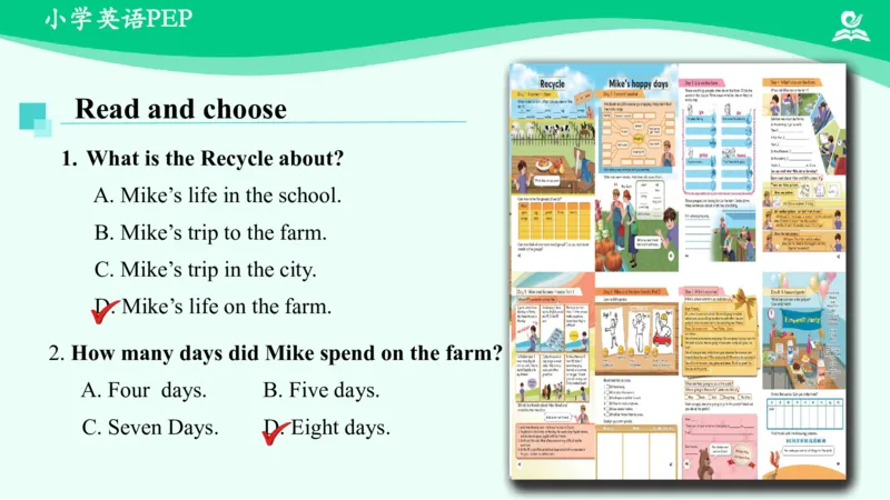 RecycleMike'shappydays(Day1-Day4)课件_26春四年级上下册人教版_四上英语合集人教版PEP英语四年级上册新教材（教学视频+课件+动画+音频+练习+教案）_19同步教案课件_人教pep3_6年级下册